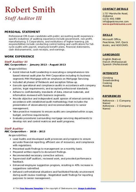 Download sample resume templates in pdf, word formats. Staff Auditor Resume Samples | QwikResume