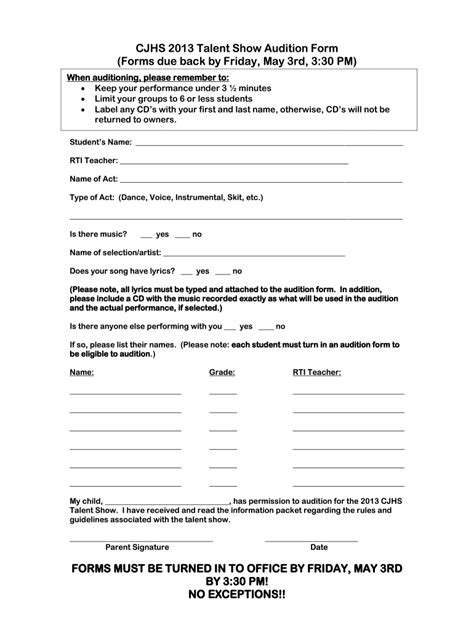 Talent Show Audition 2013 2024 Form Fill Out And Sign Printable Pdf