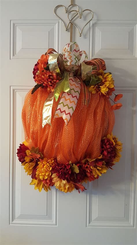 Pumpkin Deco Mesh Wreath With Fall Flowers Deco Mesh Wreaths Wreaths