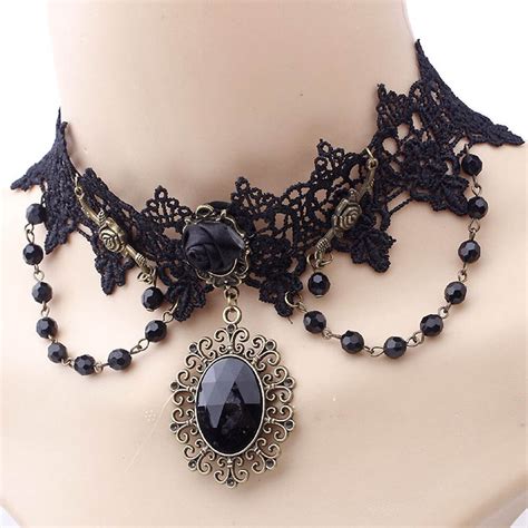 New Gothic Punk Style Crystal Decoration Women Black Lace Beads