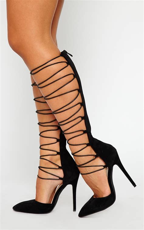 Reena Black Suede Pointed Strappy Knee High Heels Prettylittlething