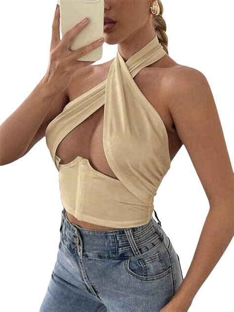 Women Sexy Halter Cross Tank Top Sleeveless Backless Wrap Crop Top Shirt Y K Streetwear Amazon