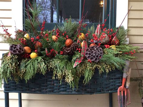 Winter Planter With Natural Greens And Fruit Christmas Window Boxes