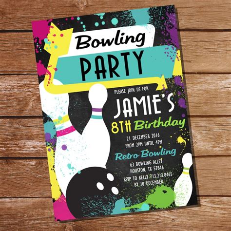 Retro Neon Bowling Party Invitation Bowling Birthday Etsy