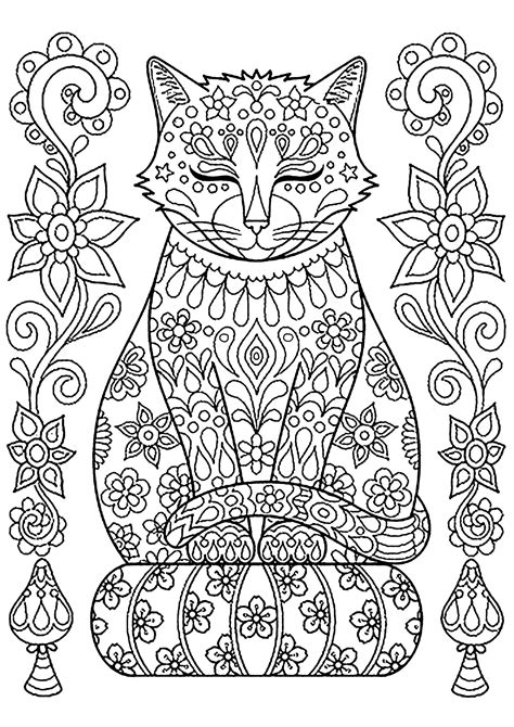 Cute Cat On Pillow With Flowers Cats Adult Coloring Pages