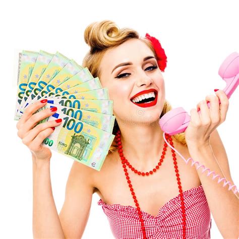 woman holding money banknotes talking on phone pin up style isolated stock image image of