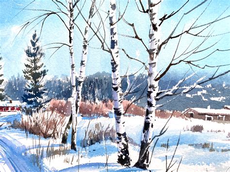 Birch Tree Painting Watercolor Original Winter Landscape Art Etsy