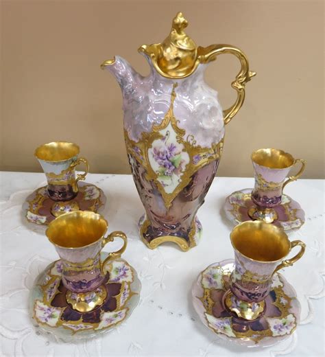 Over Years Old Hand Painted Chocolate Pot Cups Gold
