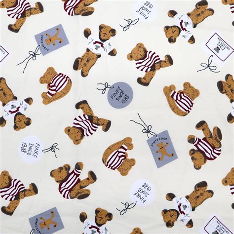 Teddy Bear Cotton Fabric Cute Teddy Bear Printed On White Etsy