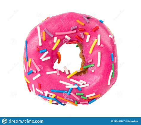 Pink Donut With Colorful Sprinkles Isolated On White Background Stock