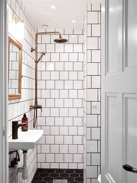 Bathroom White Square Tiles Black Grout Brass Details Bathroom