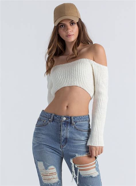 Knit Girl Cropped Off Shoulder Sweater Ivory Black Dustylilac Gojane