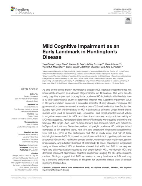 Mild Cognitive Impairment As An Early Landmark In Huntington S Disease