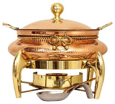 Indian Art Villa Steel Copper Chafing Dish 6 Litres With Brass Fuel Gel Stand And Serving Spoon