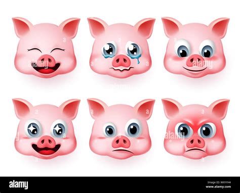 Pig Emoticon Vector Set Pigs Cute Emojis Set With Happy Angry And