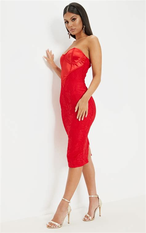 red satin bustier lace midi dress dresses prettylittlething ca