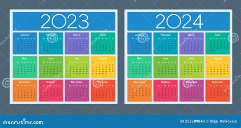 Colorful Calendar For 2023 And 2024 Years Week Starts On Sunday Stock