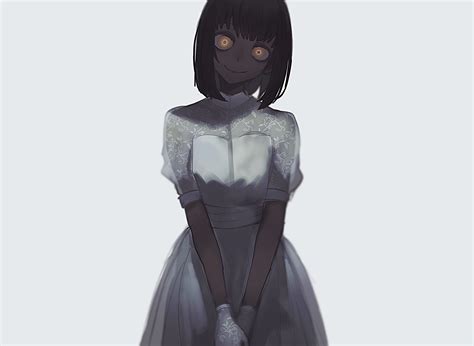 Download 1536x2048 Creepy Anime Girl Short Black Hair White Dress