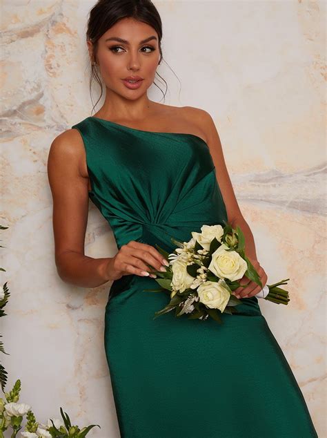 One Shoulder Satin Finish Maxi Dress In Green