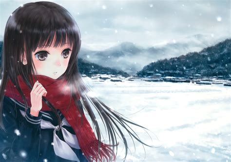 Original Characters Anime Anime Girls Snow Scarf School Uniform
