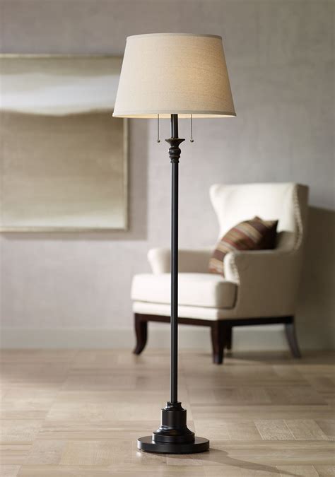 Lighting Traditional Floor Lamp Tall Oiled Bronze Linen Fabric Drum Shade For Living