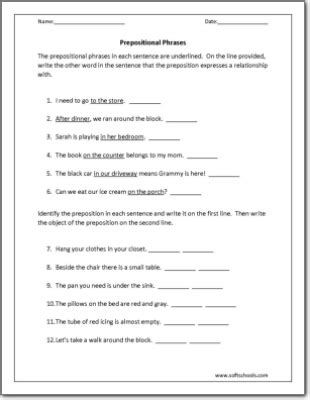 Sometimes the preposition does not stand on its own where it is easy to pick out from the rest of the sentence. Prepositional Phrases Worksheet