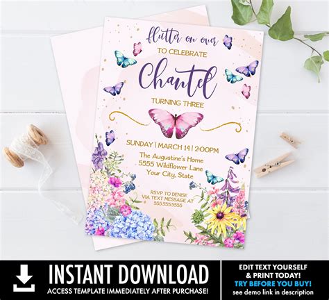 Butterfly Flowers Birthday Invitation Butterfly Etsy
