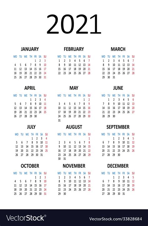 Yearly Calendar 2021 Week Starts From Monday Vector I