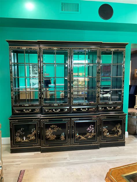 Union National Black Lacquer Chinoiserie China Cabinet Etsy