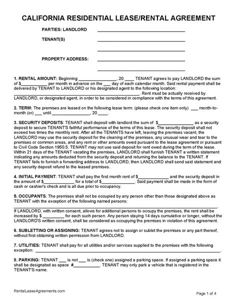 Residential Lease Or Month To Month Rental Agreement Printable Form