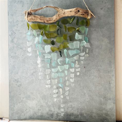 Sea Glass And Driftwood Mobile Olive Ombré 7 18 21 Etsy Driftwood Mobile Sea Glass Sea Glass Art