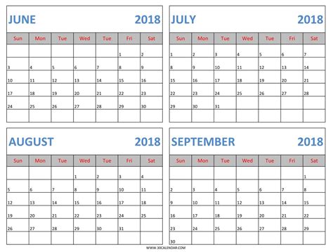 download june july august september 2018 calendar template in excel