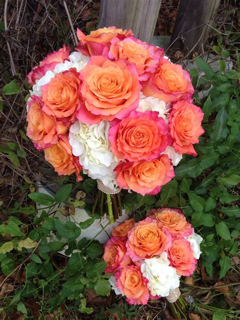 Peony, rose and lily round bouquet. White Hydrangeas and Coral Free Spirit Rose bouquets ...