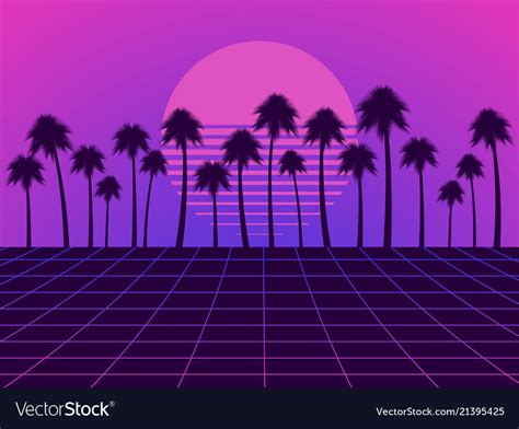 Retro Futuristic Landscape With Palm Trees Neon Vector Image