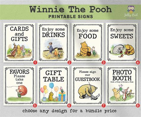 Classic Winnie The Pooh Party Signs Bundle Jolly Owl Designs