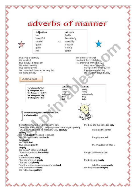 Learn list of adverbs of manner in english with examples and useful rules to form manner adverbs to help you use them correctly and increase your english vocabulary. Adverbs of manner - ESL worksheet by mariaah