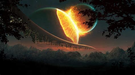 Planet Explosion Lights Fantasy Art Mountain Wallpapers Hd