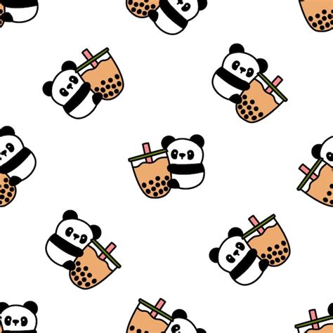 Lindo Panda Ama El Té De Burbujas De Dibujos Animados De Patrones Sin