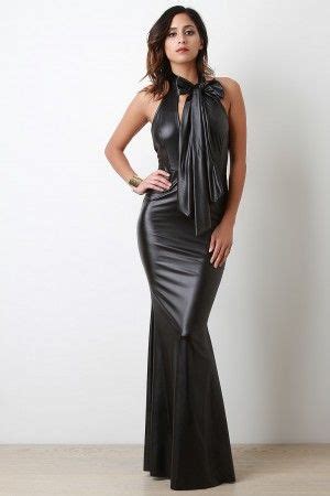 Faux Leather Bow Mermaid Maxi Dress Leather Dresses Fashion Long