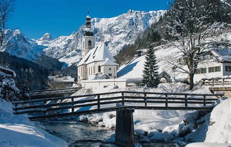 Обои зима деревья горы мост река Германия Бавария церковь на телефон и рабочий стол