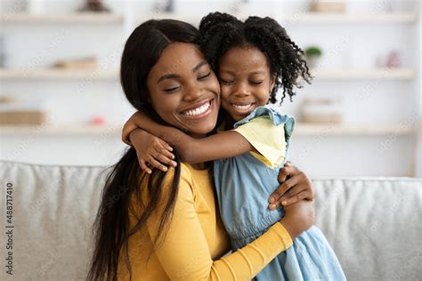 Mother Daughter Love Happy Black Woman Hugging With Her Child At Home