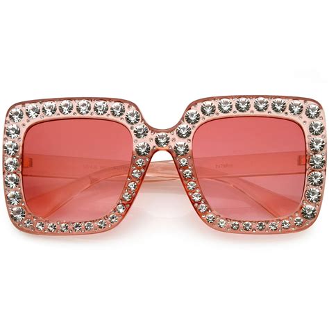 Sunglass La Designer Oversize Square Sunglasses Crystal Rhinestone Gradient Lens 52mm Pink