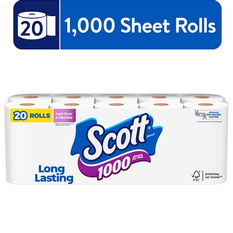 Scott 1000 Toilet Paper Septic Safe Long Lasting 20 Rolls 1000