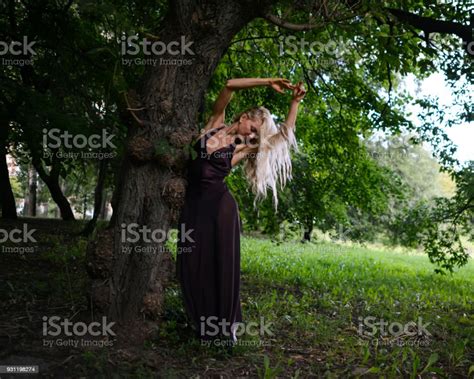 Young Shapely Woman Stands Under The Big Tree Stock Photo Download