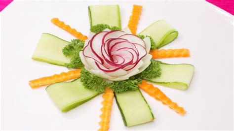 Attractive Garnish Of Radish And Onion Lotus Flowers With Art Of Cucumber