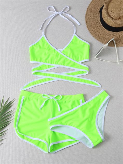 Pack Neon Lime Contrast Binding Halter Bikini Swimsuit Shein Usa
