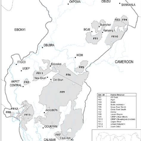 Map Of Study Area Showing 13 Forest Reserves Across Cross River State