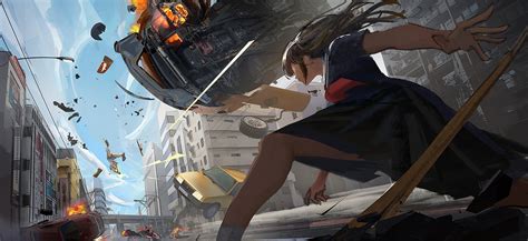 Qosic Anime Girls Anime Digital Art Destruction 1900x871