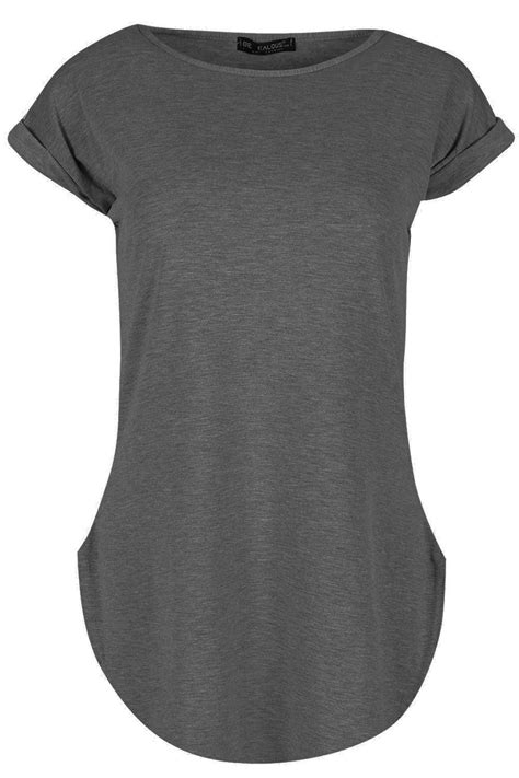 womens ladies curved hem jersey plain top turn up cap sleeve t shirt plus size ebay