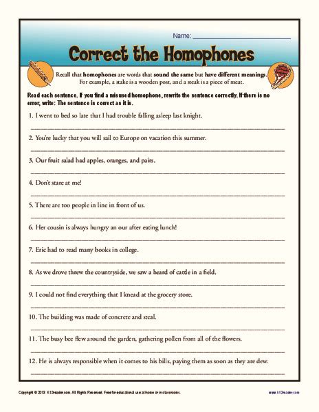correct the homophones worksheet for 5th 7th grade lesson planet